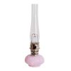 Handcrafted limited edition oil lamp with a pale pink Tuscan glass base, tall clear chimney, bright metal burner, perfect for Lamps & Lighting, Oil Lamps, and Table Lamps collections.