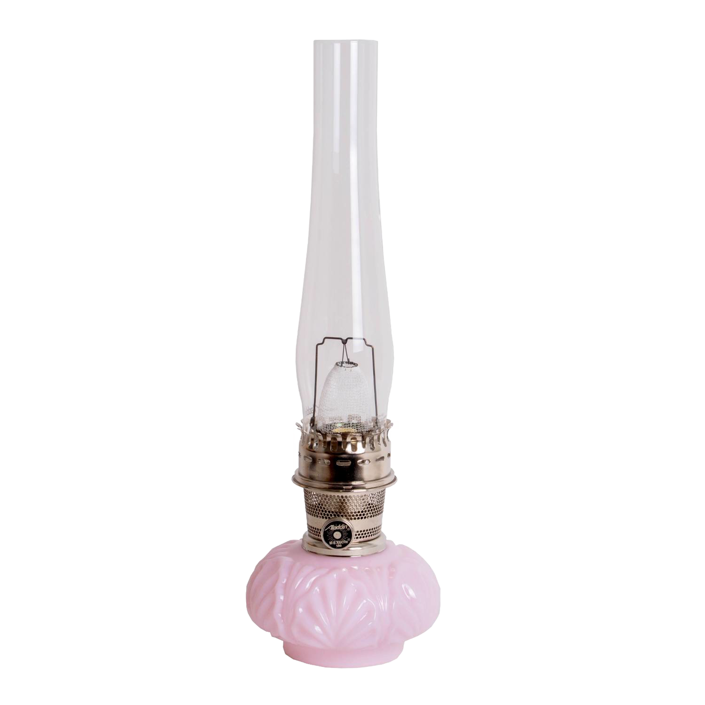 Handcrafted limited edition oil lamp with a pale pink Tuscan glass base, tall clear chimney, bright metal burner, perfect for Lamps & Lighting, Oil Lamps, and Table Lamps collections.