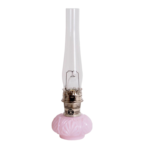Handcrafted limited edition oil lamp with a pale pink Tuscan glass base, tall clear chimney, bright metal burner, perfect for Lamps & Lighting, Oil Lamps, and Table Lamps collections.