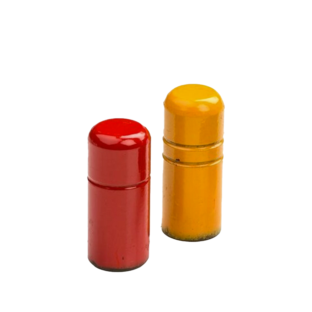 Pair of enamel-coated metal peening jigs in bright red and yellow, each measuring 2 by 4 inches and weighing 2 pounds, handcrafted for farm and garden use, featured in Best Sellers and Promo Eligible collections.