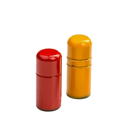 Pair of enamel-coated metal peening jigs in bright red and yellow, each measuring 2 by 4 inches and weighing 2 pounds, handcrafted for farm and garden use, featured in Best Sellers and Promo Eligible collections.