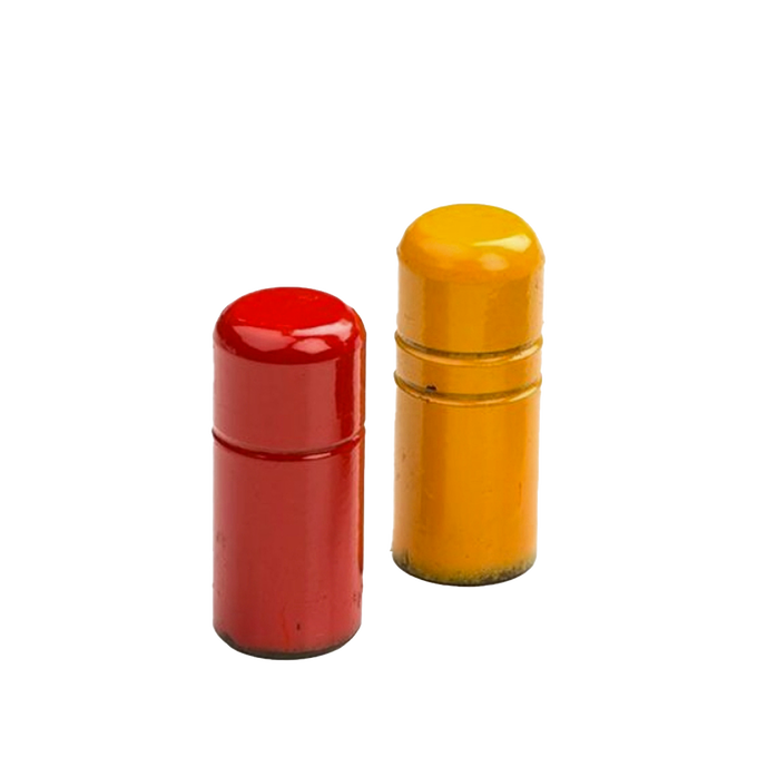 Pair of enamel-coated metal peening jigs in bright red and yellow, each measuring 2 by 4 inches and weighing 2 pounds, handcrafted for farm and garden use, featured in Best Sellers and Promo Eligible collections.