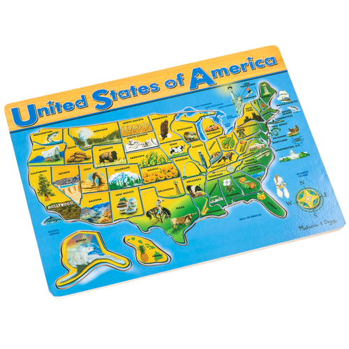 Colorful educational map puzzle of the United States featuring wooden pieces for each state with illustrations of state symbols, designed for children in Toys, Books & Games, Puzzles, and Best Sellers collections.
