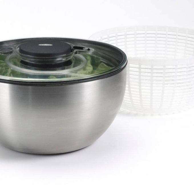 Brushed stainless steel salad spinner with clear locking lid and white basket, designed to keep greens crisp and dry, ideal for Kitchen & Food, Kitchen Gadgets, and Best Sellers collections.