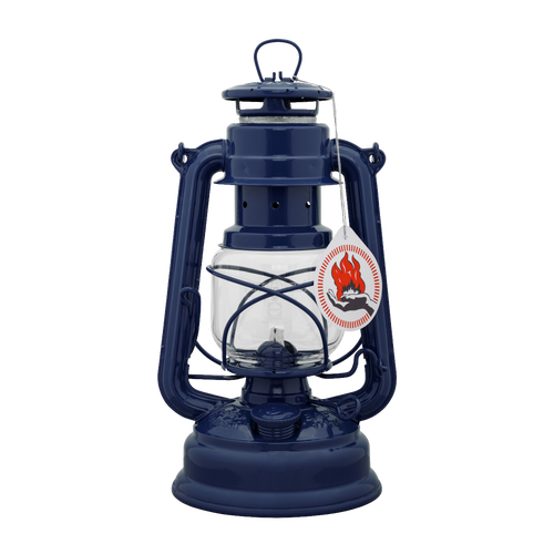 Handcrafted deep blue galvanized oil lantern featuring a durable thermal heat-resistant SUPRAX globe and protective metal frame, ideal for camping, emergency supplies, and outdoor lighting.