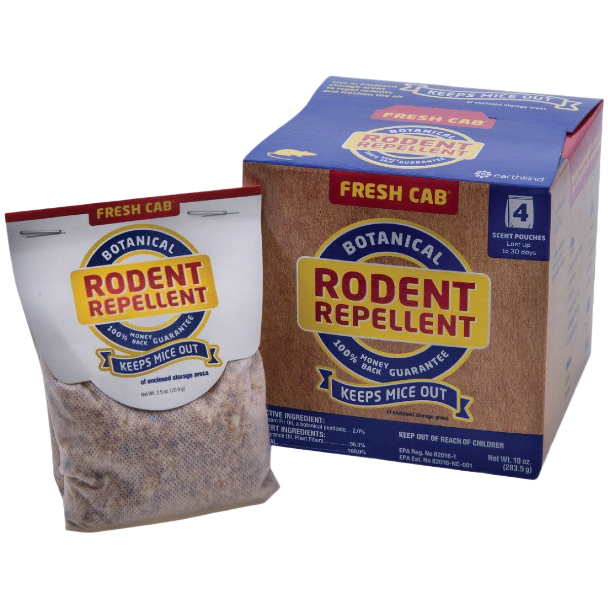 Box and pouch of Fresh Cab botanical rodent repellent with natural balsam fir scent, made in USA, designed to keep mice out of small enclosed spaces, featured in Pest Control and Farm, Garden & Tool collections.