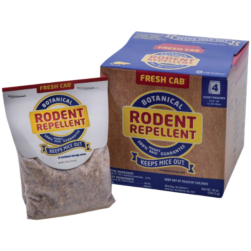 Box and pouch of Fresh Cab botanical rodent repellent with natural balsam fir scent, made in USA, designed to keep mice out of small enclosed spaces, featured in Pest Control and Farm, Garden & Tool collections.
