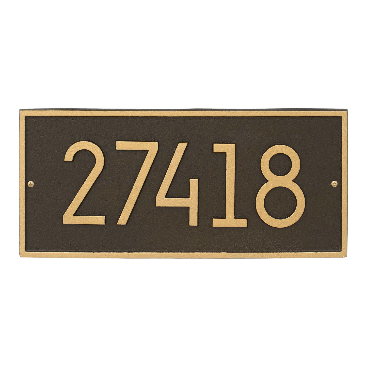 Modern custom wall plaque in aged bronze with gold-colored numbers, designed for personalized home address display, part of Home & Decor and USA Made collections.