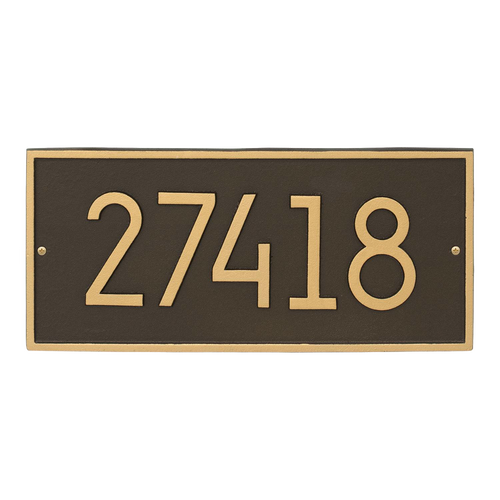 Modern custom wall plaque in aged bronze with gold-colored numbers, designed for personalized home address display, part of Home & Decor and USA Made collections.