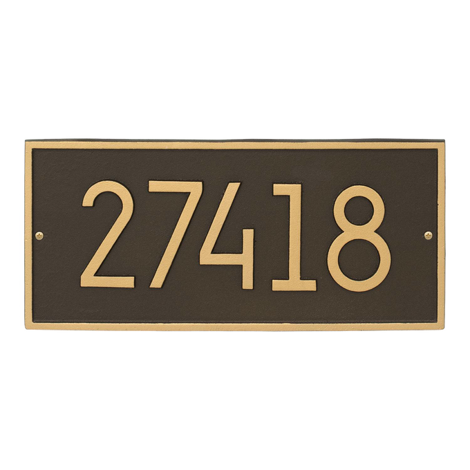 Modern custom wall plaque in aged bronze with gold-colored numbers, designed for personalized home address display, part of Home & Decor and USA Made collections.
