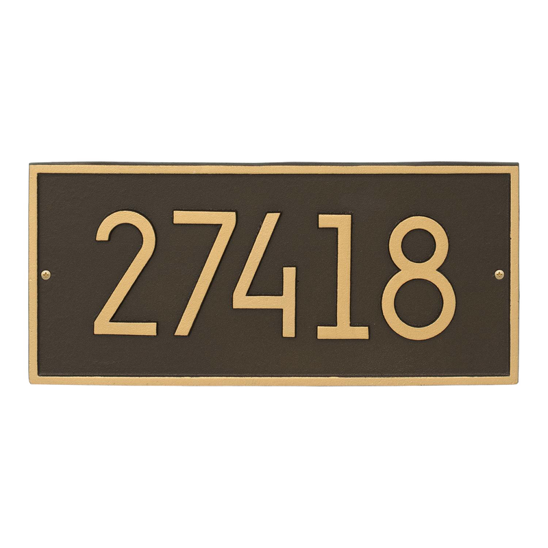 Modern custom wall plaque in aged bronze with gold-colored numbers, designed for personalized home address display, part of Home & Decor and USA Made collections.
