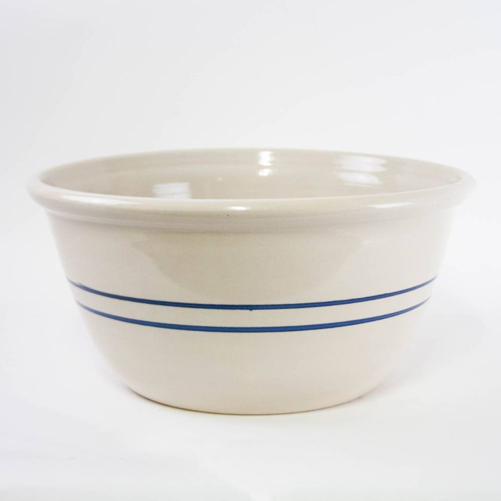 Handcrafted 16-inch stoneware mixing bowl with blue stripe design, made in USA, durable and ideal for Kitchen & Food, Cookware, Baking Supplies, and Storage and Serving collections.