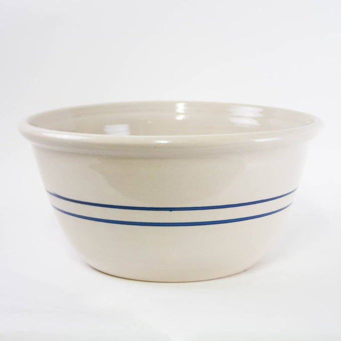 Handcrafted 16-inch stoneware mixing bowl with blue stripe design, made in USA, durable and ideal for Kitchen & Food, Cookware, Baking Supplies, and Storage and Serving collections.