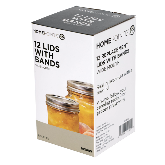 Box containing 12 replacement wide-mouth lids with metal bands featuring BPA-free sealing compound, designed for food preservation and canning in Kitchen & Food and Best Sellers collections.