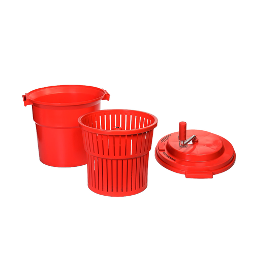 Red plastic hand-powered spinning clothes wringer with removable basket and lid featuring a manual crank, designed for efficient laundry drying and included in Home & Decor and Laundry Supplies collections.