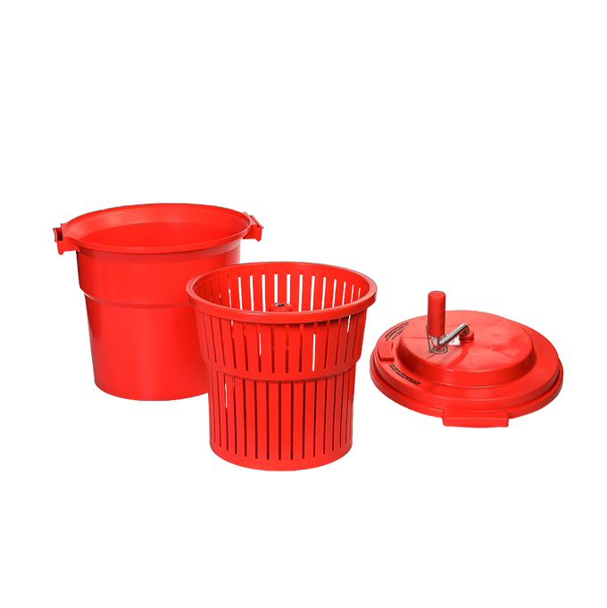 Red plastic hand-powered spinning clothes wringer with removable basket and lid featuring a manual crank, designed for efficient laundry drying and included in Home & Decor and Laundry Supplies collections.