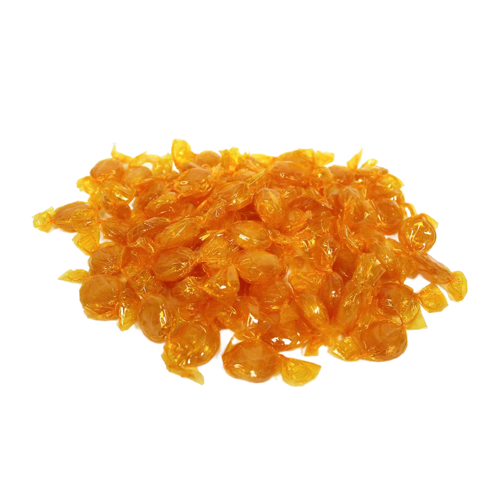Pile of individually wrapped butterscotch hard candies in golden amber wrappers, handcrafted and made in the USA, featured in Kitchen & Food, Snacks and Sweets, Candy, USA Made, Best Sellers collections.