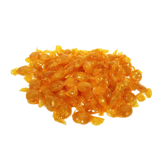 Pile of individually wrapped butterscotch hard candies in golden amber wrappers, handcrafted and made in the USA, featured in Kitchen & Food, Snacks and Sweets, Candy, USA Made, Best Sellers collections.