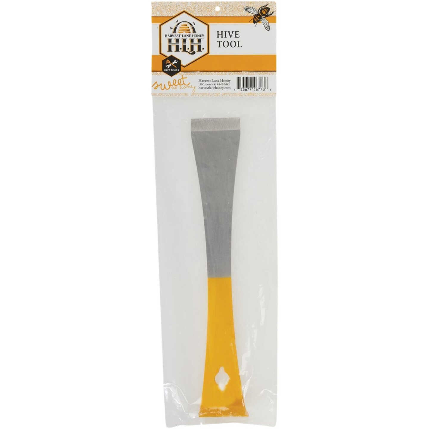 Metal and yellow beekeeping tool with a beveled edge for scraping wax and a nail pulling hole, designed for use in Farm, Garden & Tool, Beekeeping Supplies, and Best Sellers collections.