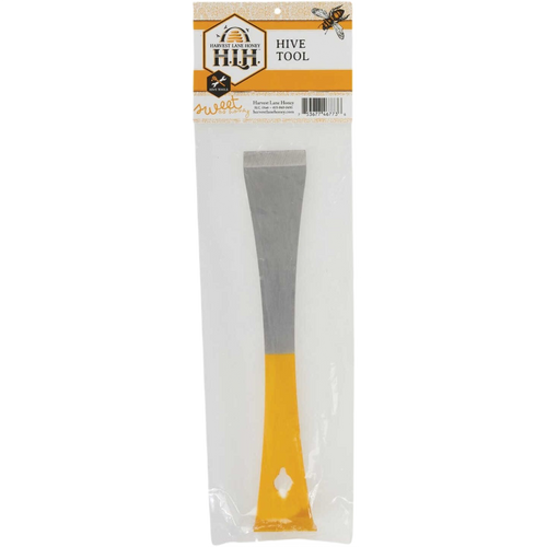 Metal and yellow beekeeping tool with a beveled edge for scraping wax and a nail pulling hole, designed for use in Farm, Garden & Tool, Beekeeping Supplies, and Best Sellers collections.