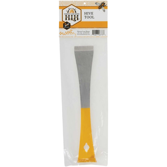 Metal and yellow beekeeping tool with a beveled edge for scraping wax and a nail pulling hole, designed for use in Farm, Garden & Tool, Beekeeping Supplies, and Best Sellers collections.