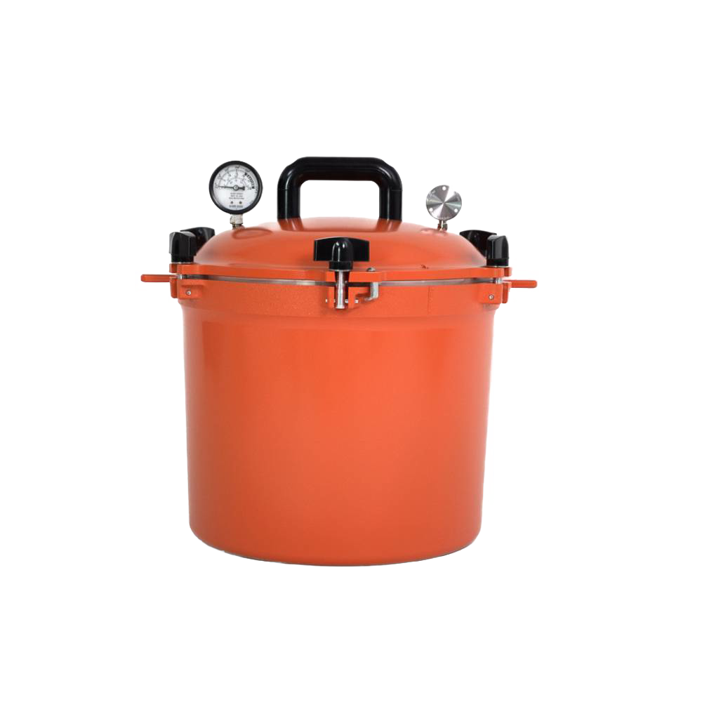 Handcrafted vibrant orange 21.5-quart pressure canner with secure locking lid, built-in pressure gauge, and sturdy black handle, made in USA for Kitchen & Food and Food Preservation collections.