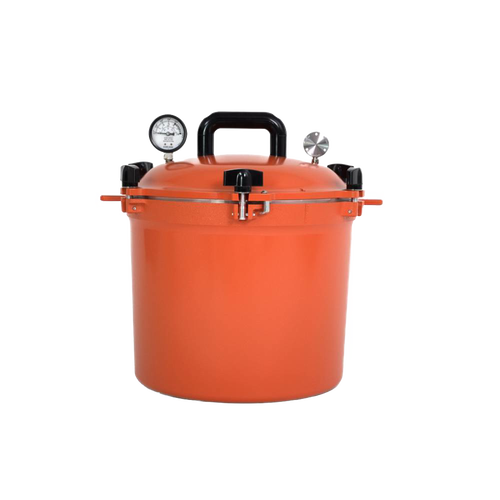 Handcrafted vibrant orange 21.5-quart pressure canner with secure locking lid, built-in pressure gauge, and sturdy black handle, made in USA for Kitchen & Food and Food Preservation collections.