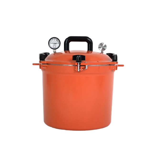 Handcrafted vibrant orange 21.5-quart pressure canner with secure locking lid, built-in pressure gauge, and sturdy black handle, made in USA for Kitchen & Food and Food Preservation collections.