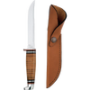 5" stainless steel fixed blade knife with stacked-leather handle and polished guard alongside a leather sheath, handcrafted and made in the USA, ideal for farm, garden, and outdoor use.