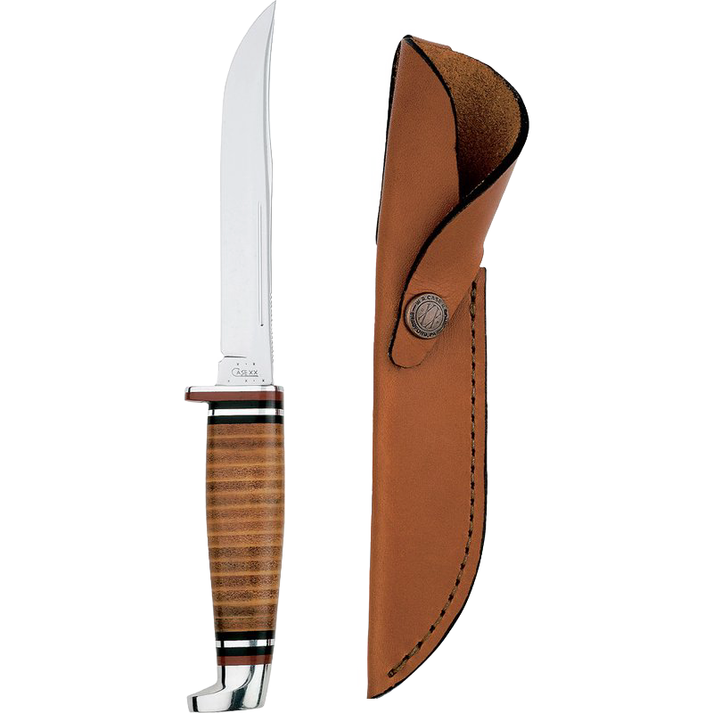 5" stainless steel fixed blade knife with stacked-leather handle and polished guard alongside a leather sheath, handcrafted and made in the USA, ideal for farm, garden, and outdoor use.