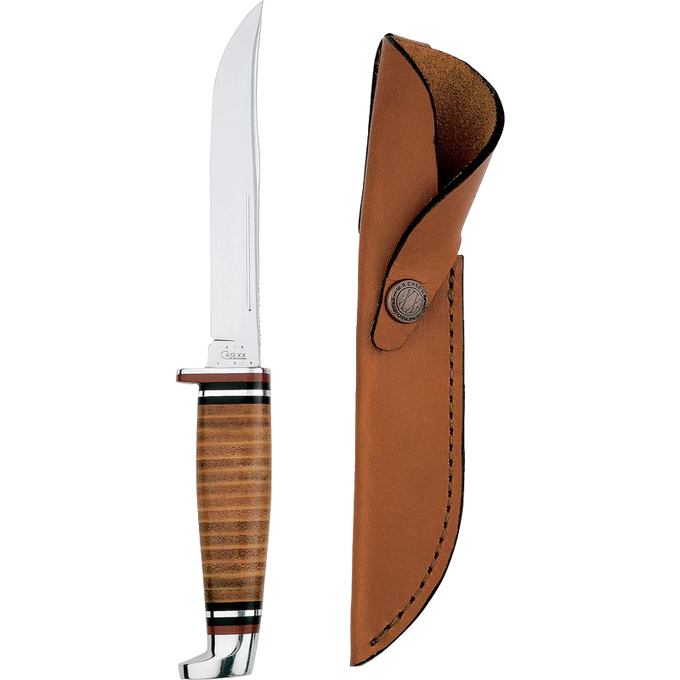 5" stainless steel fixed blade knife with stacked-leather handle and polished guard alongside a leather sheath, handcrafted and made in the USA, ideal for farm, garden, and outdoor use.
