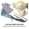 Serrated stainless steel pie server with a smooth handle resting on a striped cloth beside a slice of lemon cream pie topped with whipped cream, featured in Kitchen & Food, Storage and Serving, USA Made, Best Sellers, and Promo Eligible collections.