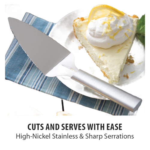 Serrated stainless steel pie server with a smooth handle resting on a striped cloth beside a slice of lemon cream pie topped with whipped cream, featured in Kitchen & Food, Storage and Serving, USA Made, Best Sellers, and Promo Eligible collections.