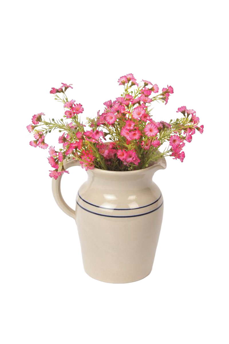 Handcrafted cream stoneware pitcher with two blue stripes, filled with vibrant pink flowers, made in USA, ideal for Kitchen & Food, Dinnerware, Holiday Hosting, Storage and Serving collections.
