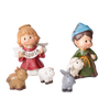 Small handcrafted nativity figurines featuring an angel holding a "Gloria" banner, a shepherd with lamb, and farm animals, perfect for holiday decor and gift giving.