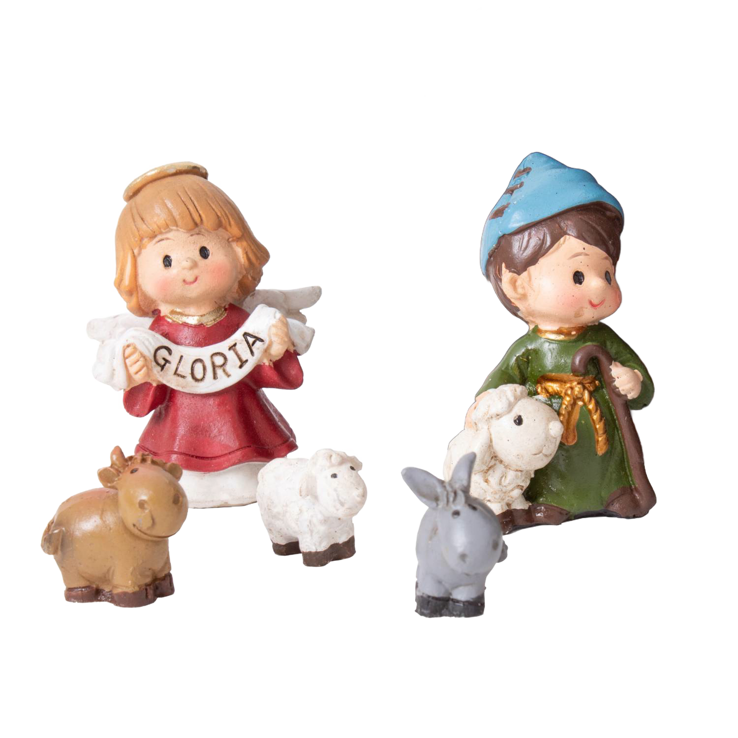 Small handcrafted nativity figurines featuring an angel holding a "Gloria" banner, a shepherd with lamb, and farm animals, perfect for holiday decor and gift giving.