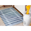 Handwoven denim rug in blue plaid pattern, featuring durable fabric made from recycled jeans, handcrafted by Amish volunteers, ideal for Home & Decor and USA Made collections.