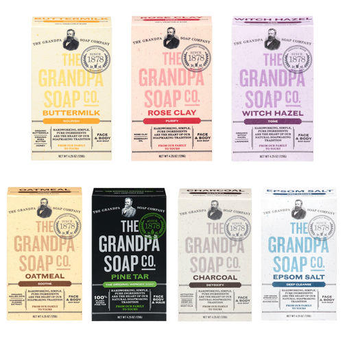 Collection of handcrafted soaps in natural ingredients and muted tones, highlighting unique bar soaps for health and wellness, grooming, and personal hygiene with USA-made quality.