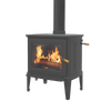 Handcrafted Amish-made wood heat stove with glass fire window, steel body, and wooden handles, ideal for cozy heating in Stoves, Heatstoves, and Best Sellers collections.