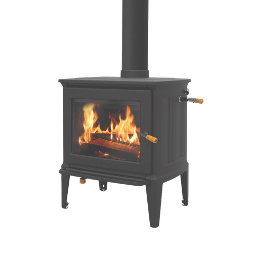 Handcrafted Amish-made wood heat stove with glass fire window, steel body, and wooden handles, ideal for cozy heating in Stoves, Heatstoves, and Best Sellers collections.