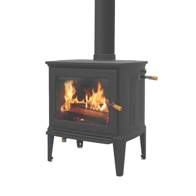 Handcrafted Amish-made wood heat stove with glass fire window, steel body, and wooden handles, ideal for cozy heating in Stoves, Heatstoves, and Best Sellers collections.