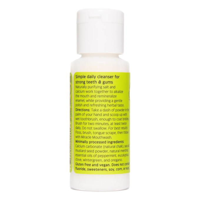 Small white plastic bottle of Uncle Harry's Natural Tooth Powder with bright green label highlighting natural ingredients for strong teeth and gums, featured in Health & Wellness and Grooming and Personal Hygiene collections.