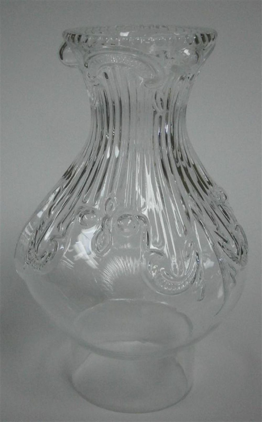 Handcrafted clear glass chimney with embossed feather design, fitting #2 and #3 burners, part of Lamps & Lighting, Parts and Accessories, Chimneys and Globes collections.