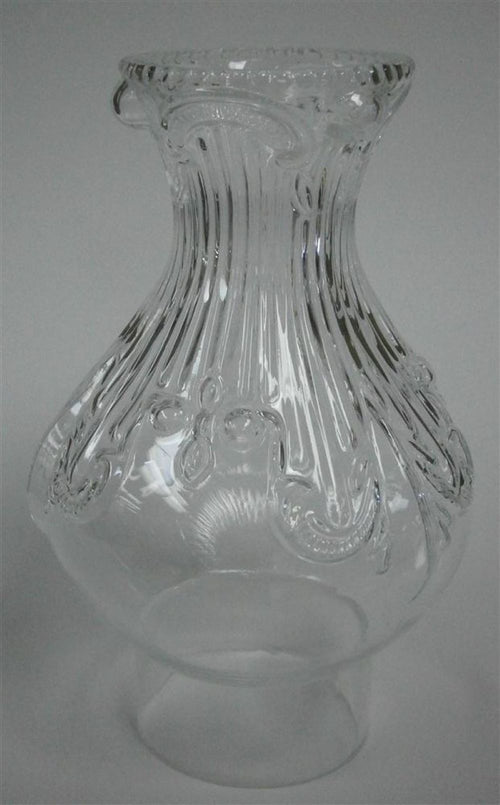 Handcrafted clear glass chimney with embossed feather design, fitting #2 and #3 burners, part of Lamps & Lighting, Parts and Accessories, Chimneys and Globes collections.