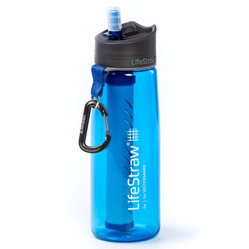Blue reusable water bottle with integrated filter and black cap, featuring a carabiner clip for easy attachment, suited for camping, emergency supplies, and outdoor water treatment.