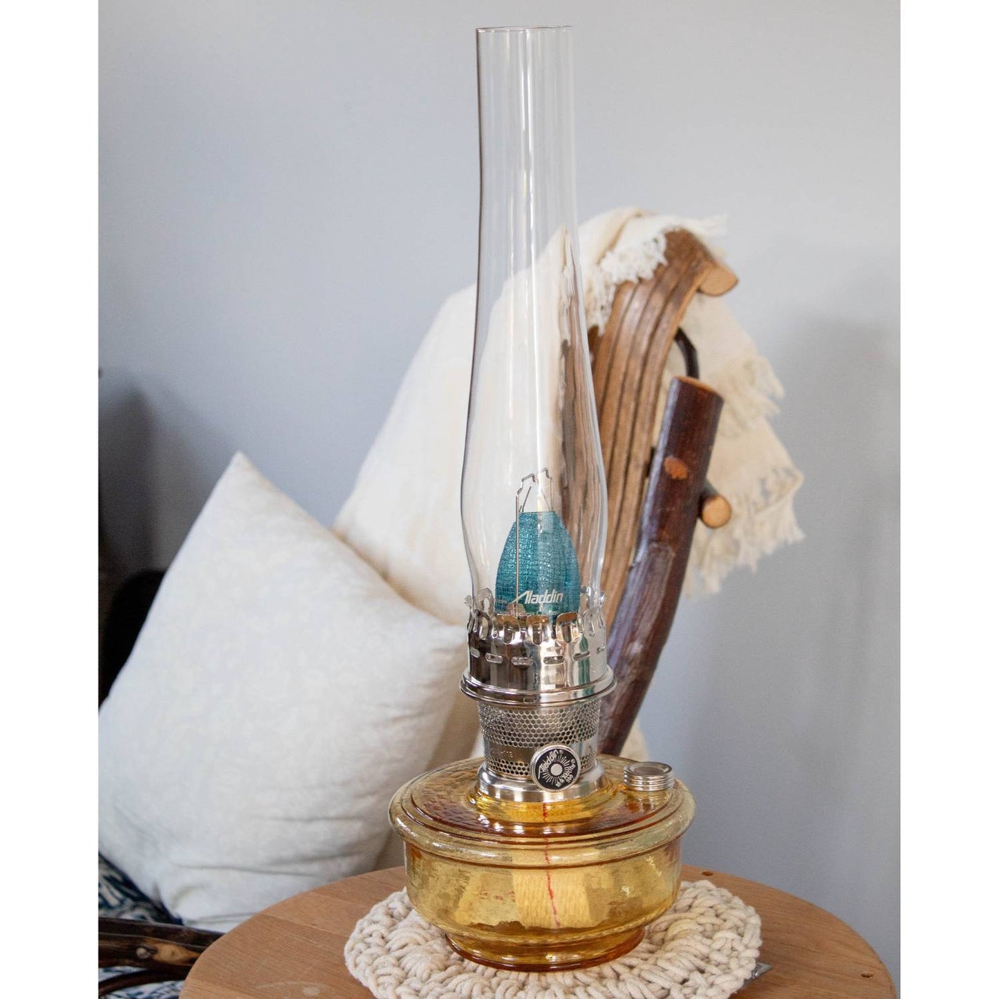 Handcrafted amber glass wall oil lamp with clear tall chimney and polished metal burner, ideal for Farm, Garden & Tool, Lamps & Lighting, Emergency Supplies, Oil Lamps, Wall Lamps, and Best Sellers collections.