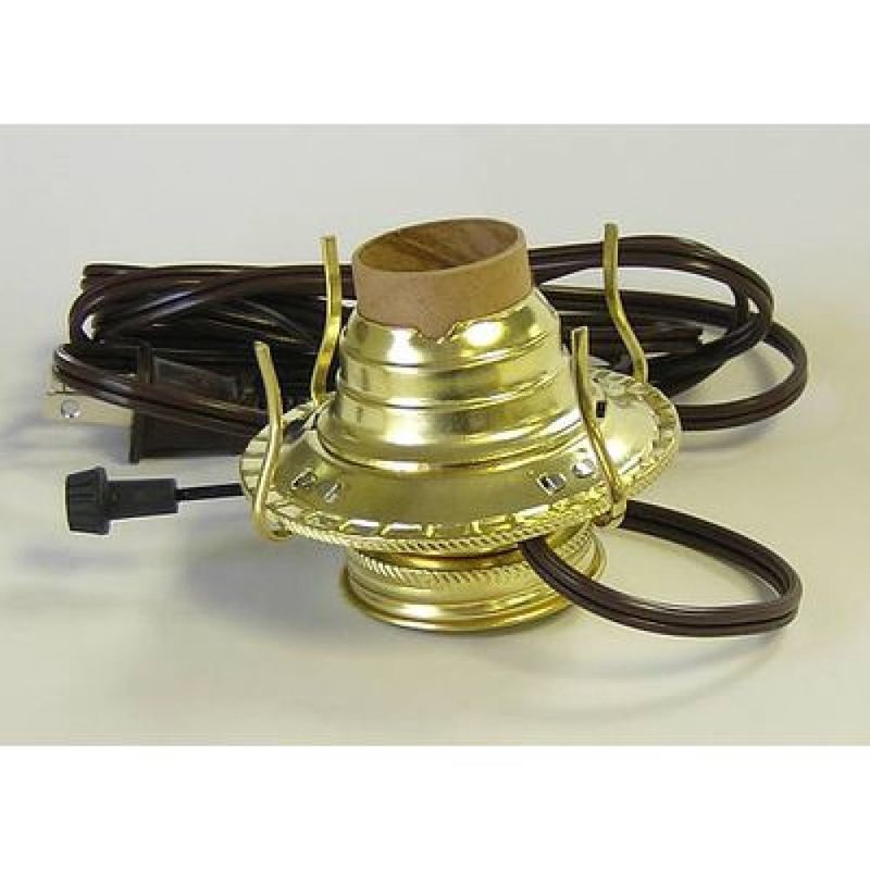 Handcrafted brass plated electrified burner with removable screw-on collar and UL listed brown cord, fits most #2 collars, ideal for Lamps & Lighting, Parts and Accessories, Electric Conversion, and Best Sellers collections.