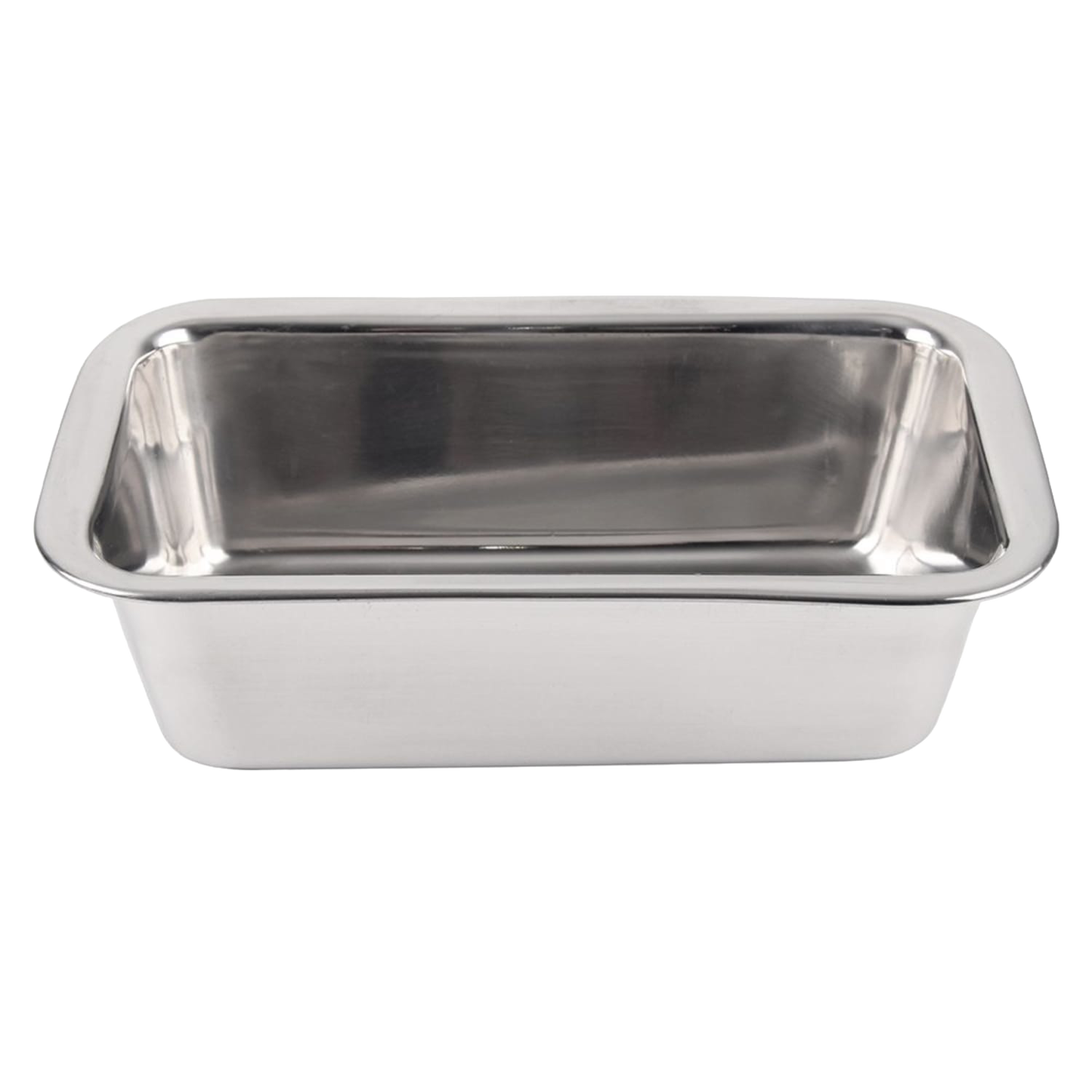 Set of two gleaming stainless steel loaf pans with rounded edges and sturdy construction, designed for baking bread, meatloaf, and desserts, featured in cookware and baking supplies collections.