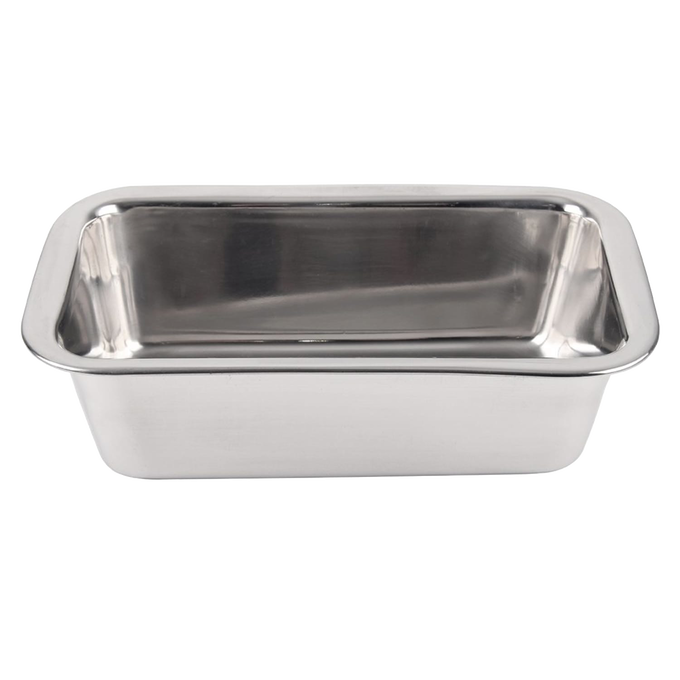 Set of two gleaming stainless steel loaf pans with rounded edges and sturdy construction, designed for baking bread, meatloaf, and desserts, featured in cookware and baking supplies collections.