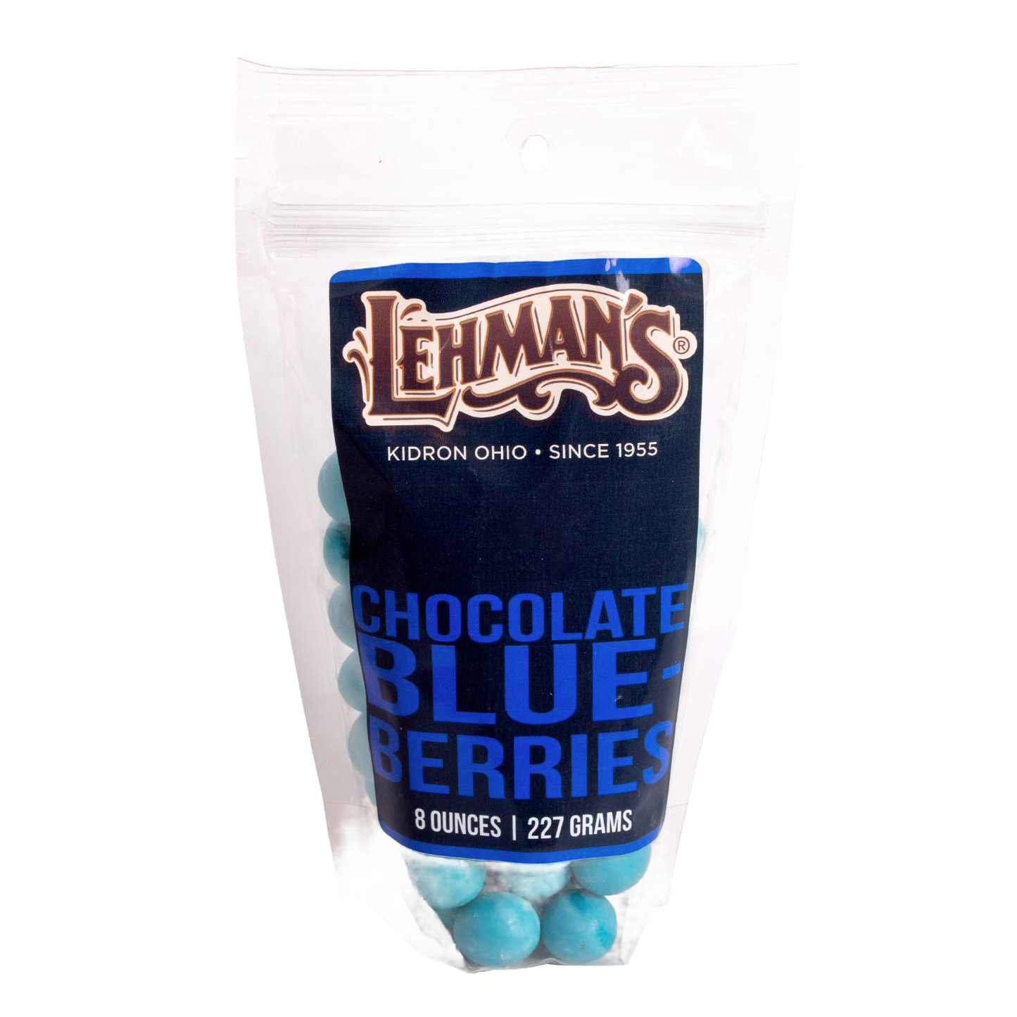 Resealable bag of handcrafted chocolate-covered blueberries in bright blue coating, made in USA, perfect for Kitchen & Food, Snacks and Sweets, Candy, and Best Sellers collections.